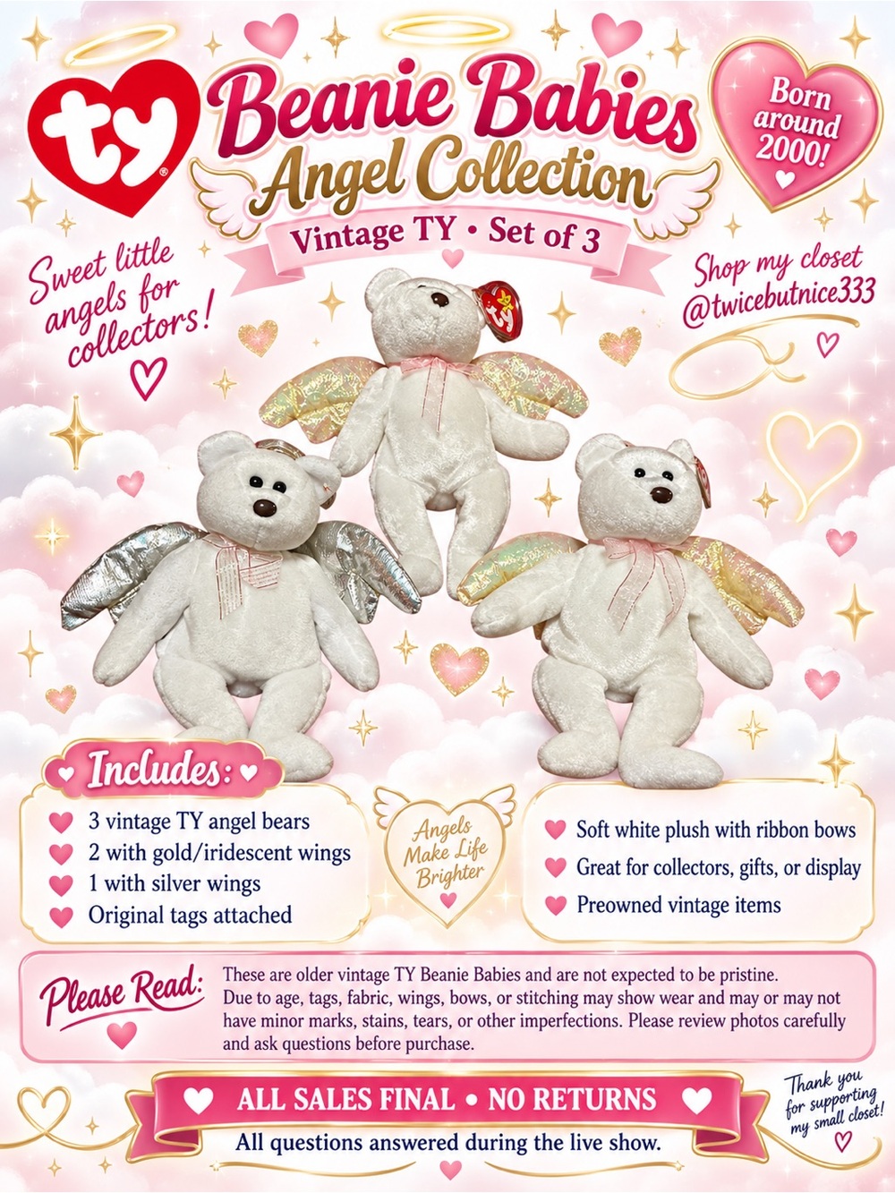 Vintage TY Beanie Babies Angel Bears Halo Style Set of 3 Gold & Silver Wings